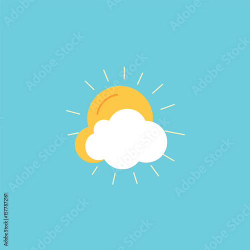 Yellow sun partially covered by white cloud with radiating lines on a blue background