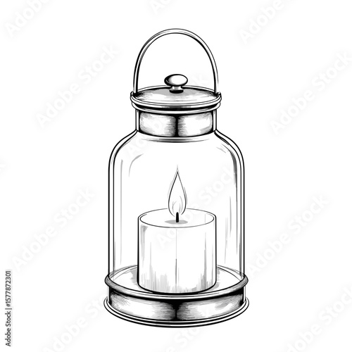 Vintage lantern with candle flame in monochrome on white background