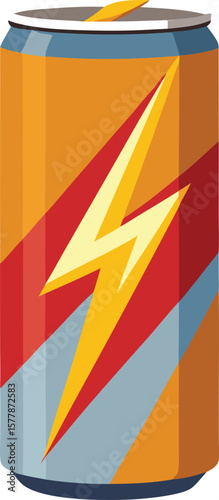 Refreshing Energy Drink Can Design: Vibrant Orange, Red, and Yellow Stripes with a Bold Lightning Bolt Graphic for a...