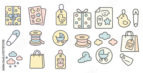 Set of baby-related icons, including a teddy bear, a stroller, a baby bottle, and a diaper bag