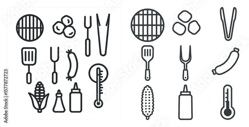 Collection of grilling tools and utensils, including tongs, spatulas, and a thermometer. The two sets of tools are arranged side by side, with one set featuring a variety of utensils