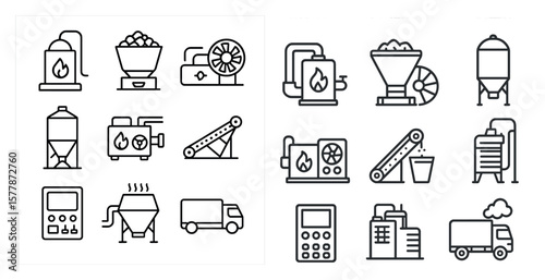Set of industrial icons, including a truck, a calculator, and a fan. The icons are arranged in a grid, with some overlapping and others standing alone. Scene is industrial and mechanical