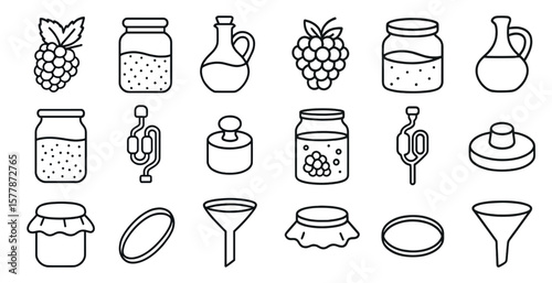 Collection of jars and bottles with a black and white color scheme. The jars and bottles are arranged in a row, with some of them containing grapes. Scene is simple and minimalistic
