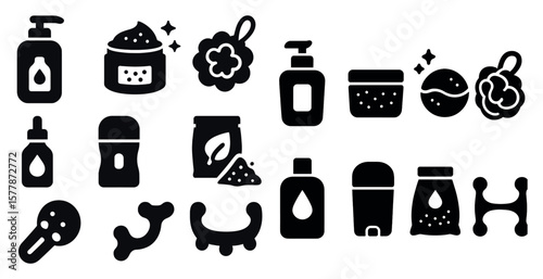 Collection of black and white icons for various personal care products. The icons include bottles, cups, and other containers, as well as a toothbrush and a dog