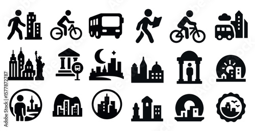 Collection of city icons including a bicycle, bus, and a person walking. The icons are all black and white