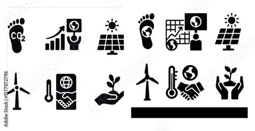 Collection of icons that represent various environmental issues. The icons include a person holding hands, a person holding a sign, a person holding a plant, a person holding a book