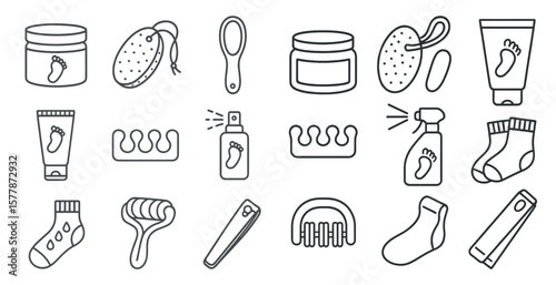 Collection of items related to foot care and personal grooming. The items include a foot file, a foot brush, a foot scrub, a foot cream, and a foot roller