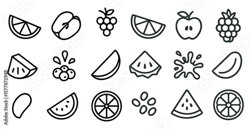 Series of fruit slices are shown in a black and white drawing. The slices include apples, oranges, and watermelon. Concept of freshness and health