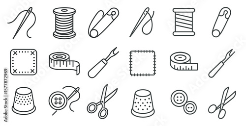 Collection of sewing tools and supplies. The tools include scissors, pins, needles, and thread. The supplies include buttons, fabric, and thread