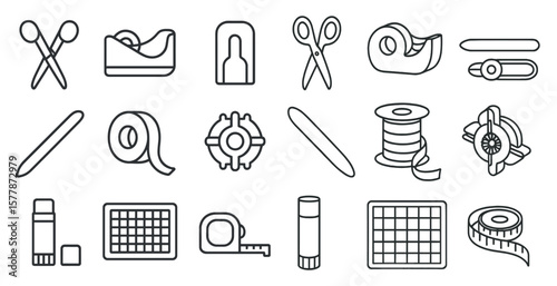 Collection of tools and supplies for sewing and crafting. The image is a collection of various items such as scissors, tape, and rulers. Scene is that of a creative and productive space