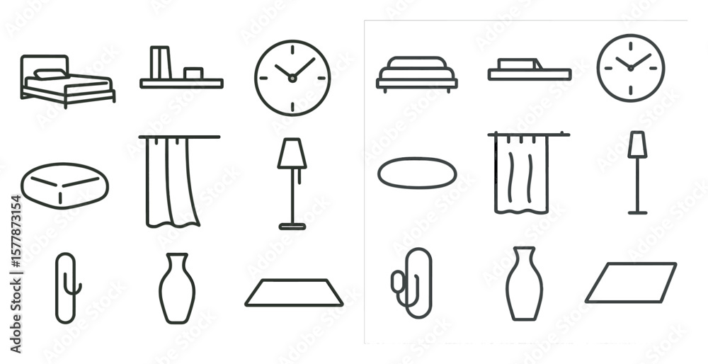 Fototapeta premium Collection of furniture and home decor items, including a bed, clock, lamp, vase, and pillow
