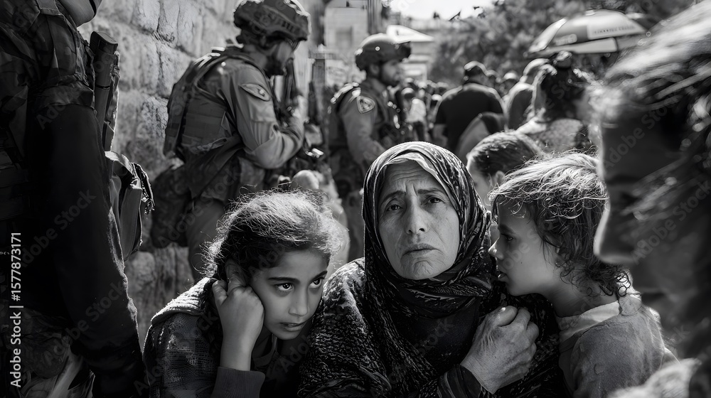 Fototapeta premium Poignant black and white image capturing the anxiety of a woman and child amid the presence of armed guards, reflecting unrest and fear.