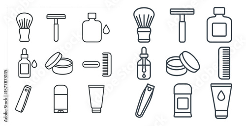 Collection of various grooming items such as razors, combs, and shaving cream. Concept of organization and order, as the items are neatly arranged in a grid-like pattern