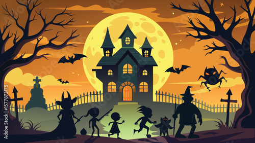 Spooky halloween night with haunted house and trick or treaters under a full moon
