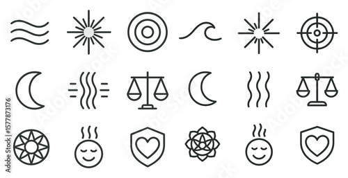 Collection of symbols and icons, including a heart, a diamond, a sun, a moon, a star, a scale, a compass, a wave, and a shield