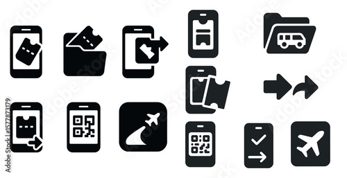 Collection of travel-related icons, such as a phone, a ticket, a car, and an airplane. These icons are used to represent various aspects of travel, such as booking tickets, checking in for flights