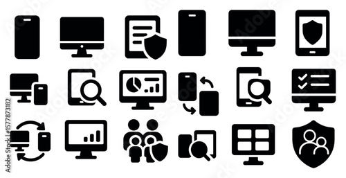 Collection of icons for various devices and screens, including a computer monitor, a cell phone, and a tablet