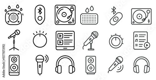 Collection of music icons and equipment. The icons include a microphone, a speaker, a CD player, a radio, and a music player. Scene is that of a music lover's collection of equipment and devices