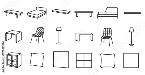Collection of furniture items, including a bed, chair, and table. The image is in black and white and has a minimalist feel