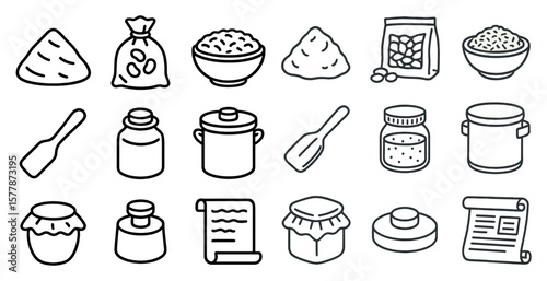 Collection of food items and utensils are shown in a white and black style. The items include a bowl, a spoon, a jar, a pot, a bag, and a piece of paper