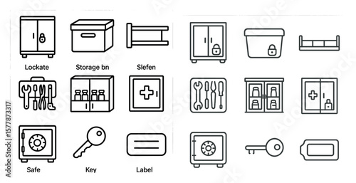Set of icons for a storage unit. The icons include a key, a box, a safe, a toolbox, a lock, a storage bin, a shelf, and a bed