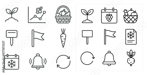 Collection of icons for a calendar, including a bell, a carrot, and a basket of fruit. The icons are arranged in a grid, with some overlapping and others standing alone