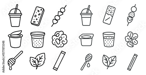 Set of food items are shown in a white background. The food items include a cup of ice cream, a cup of yogurt, a cup of juice, a cup of milk, a cup of tea, a cup of coffee