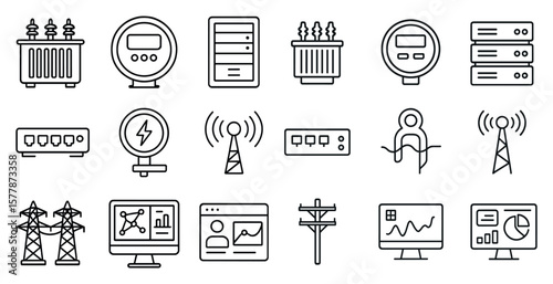 Collection of icons for various electronic devices and equipment. The icons include a computer monitor, a keyboard, a mouse, a cell phone, a television, a power strip, a router, a modem