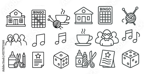 Collection of icons for various activities and objects, including Bingo, knitting, and music. The icons are all in black and white and are arranged in a grid
