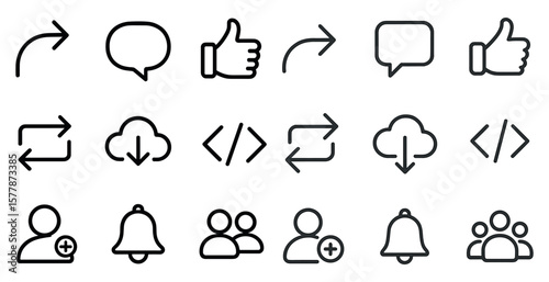 Set of icons for a social media app. The icons include a thumbs up, a thumbs down, a bell, and a cloud