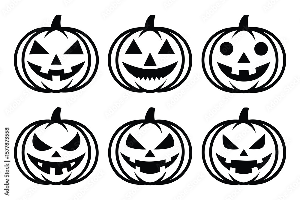 Fototapeta premium Spooky Halloween Jack-o'-Lantern Pumpkin Carvings Six Unique Designs