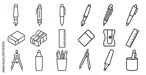 Set of pencils, pens, and other writing implements. The pencils are lined up in a row, with some of them being sharpened. The pens are scattered throughout the image