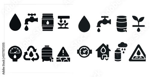 Set of icons for water and other things. The icons include a tap, a house, a house with a clock, a house with a fire hydrant, a house with a fire hydrant and a house with a fire hydrant