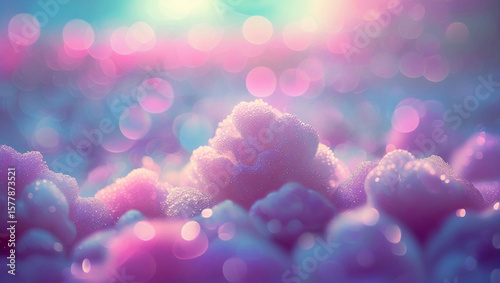 A dreamlike scene featuring abstract, tree-like or organic forms emerging from a vibrant bokeh landscape. Large, luminous bokeh circles in shades of pink, cream, and teal dominate the foreground and b