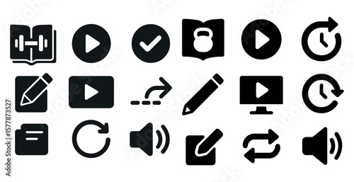 Collection of icons for various media and entertainment purposes. The icons include a book, a pencil, a keyboard, a clock, a video, a gym, a TV, a microphone, a speaker, a book, a pen