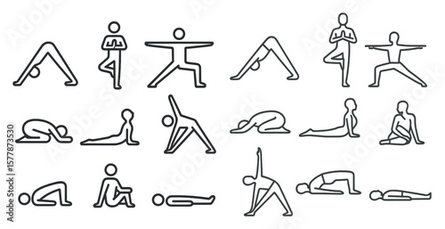 Series of yoga poses are shown in a line. The poses are in various positions, including kneeling, sitting, and lying down. Scene is calm and peaceful, as the poses are meant to be relaxing