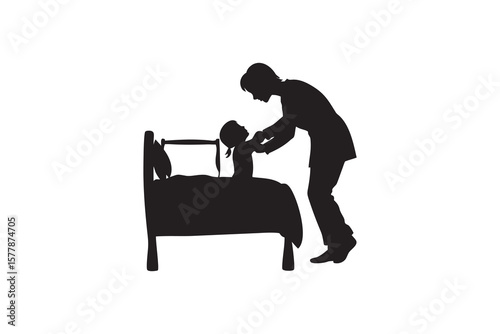 Silhouette of a mother helping her daughter get ready for bed showing care and love in a simple yet impactful image