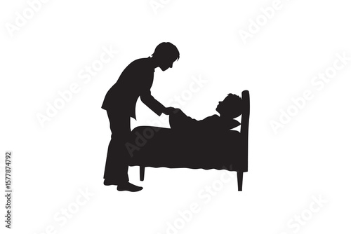 Silhouette of a man comforting a sick person in bed showing care concern and support during illness or difficult times isolated on white