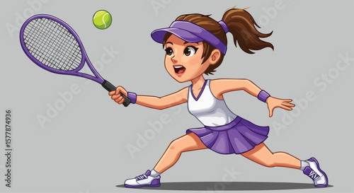 Young Girl Tennis Player Hitting Ball with Racket Dynamic Sports Action Cartoon Illustration