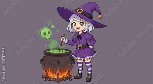 Cute Cartoon Witch Stirring Potion in Cauldron