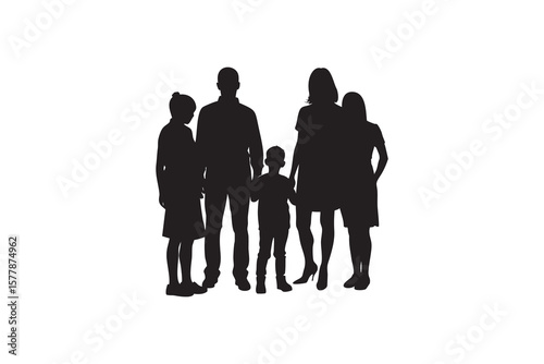 Silhouette of a family of five including parents a young boy and two daughters standing together on a white background vector illustration