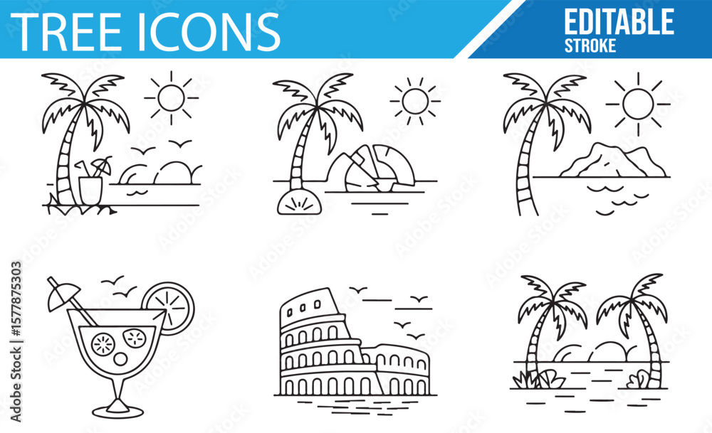 Fototapeta premium Tropical Beach Scenery with Palm Trees, Sun, and Relaxing Elements, Including a Glass of Cocktail and Landmark Structures