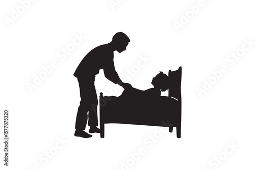 Silhouette of a Father Tucking His Child Into Bed at Night Showing a Tender Moment of Care and Affection in a Simple Black and