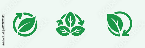 Green leaf recycle icons with arrows, biodegradable and recyclable packaging labels, organic bio stamps, and eco-friendly design elements