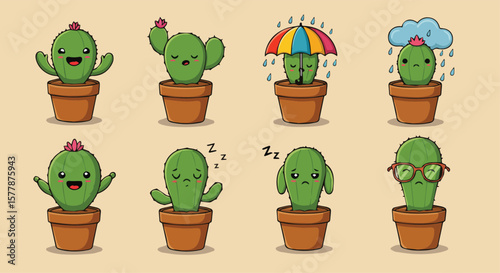 Cute Cactus Emotions and Weather Set Illustration