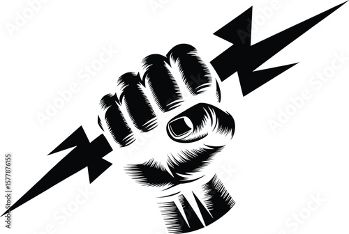 Retro Power Fist Holding Lightning Bolt, Revolution, and Energy Symbol.

