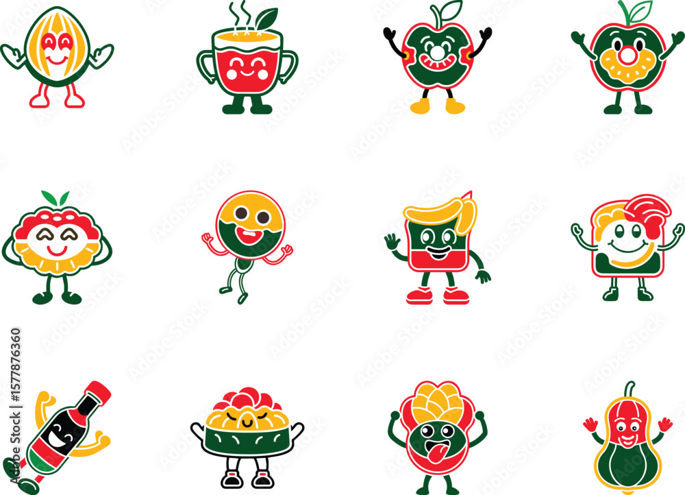 Naklejka premium Collection of colorful food item characters with cartoonish expressions stand on a white transparent background