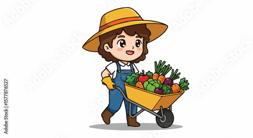 Cartoon Farmer Girl with Wheelbarrow Full of Vegetables