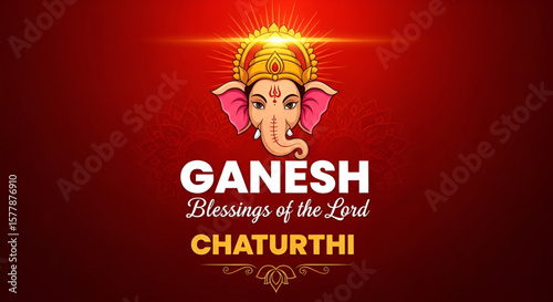traditional red background with artistic illustration of ganesha head and text design for ganesh chaturthi celebration concept with divine spiritual festive elements