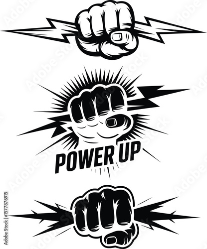 Electric Fist Lightning Bolt Power Up Vector Clipart Set.


